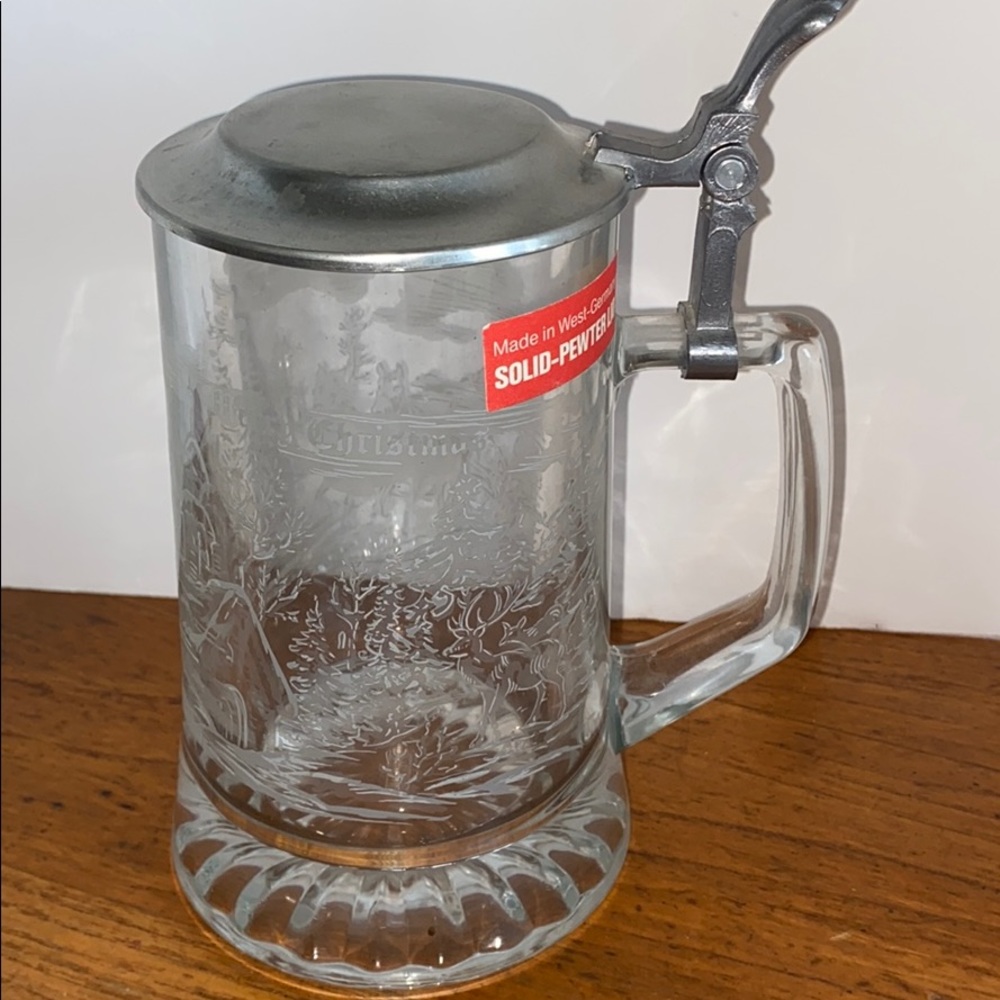 VTG ALWE etched glass Merry Christmas stein